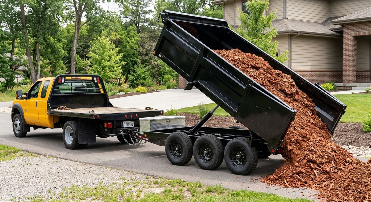 Yellow Ford F-550 flat deck truck with shiny black triple-axle dump trailer raised mid-dump, pouring bark mulch, hitched with safety chains